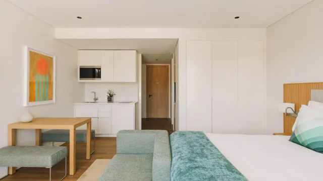 Modern studio with kitchen and seating